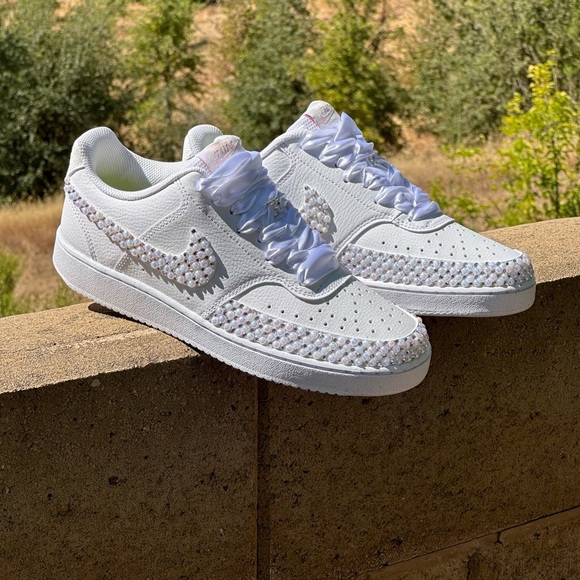 Nike Court White Pearl Sneakers, Rhinestone Wedding Pearl Shoes - Picture 3 of 4